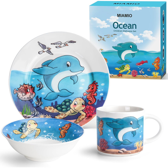 MIAMIO Набір дитячого посуду 3 шт. з порцеляни (Тарілка, Миска, Чашка) - Океан