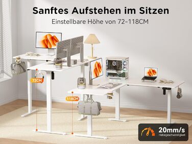 Електричний кутовий стіл L-подібної форми, 190 x 150 см. Регулювання висоти, стіл для офісу, ігровий стіл з керуванням кабелями, білий.