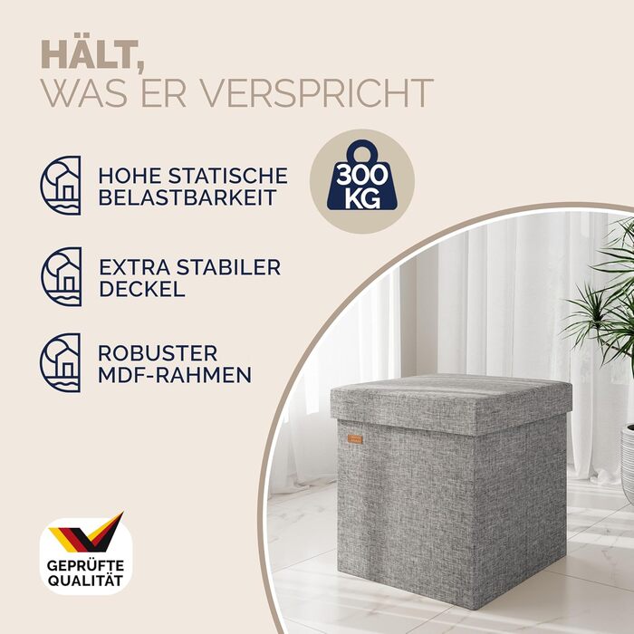 Пуф Casaria® з місцем для зберігання, білий, складний, з м'яким сидінням, 38x38 см. Підходить для спальні, вітальні, передпокою.