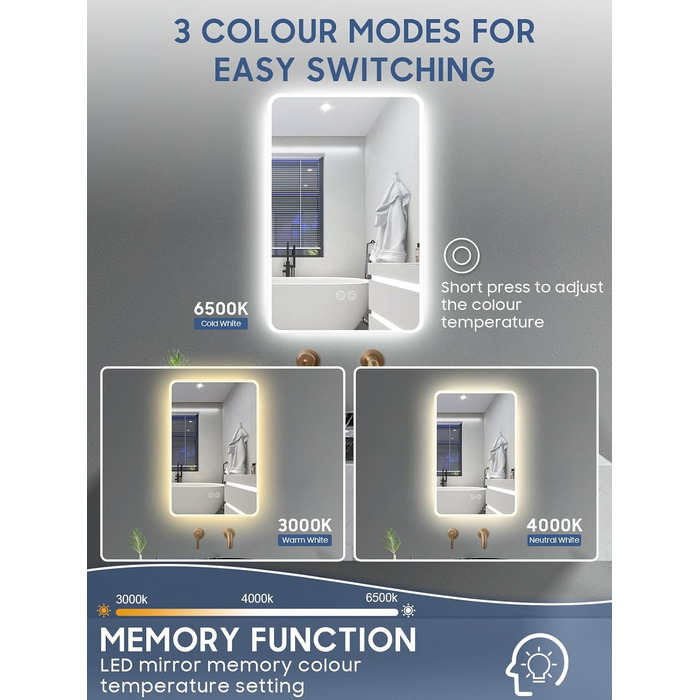 Дзеркало для ванної кімнати Habison з підсвічуванням LED, 50x70 см, сенсорне керування, регулювання кольору світла, пам'ять, протитуманне покриття, матове, без Bluetooth