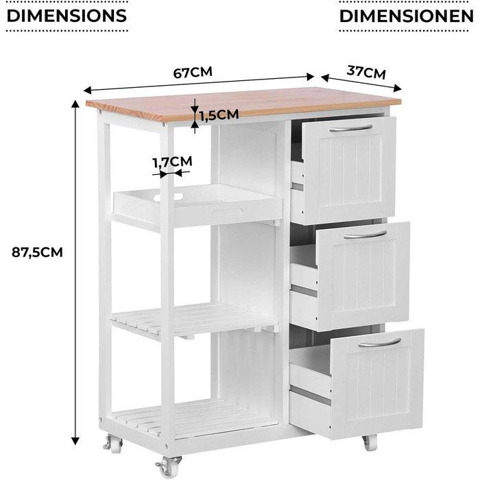 Кухонний візок на колесах - 3 ящики, 3 яруси, дерево/МДФ, 67x37x87см, білий - стиль кантрі