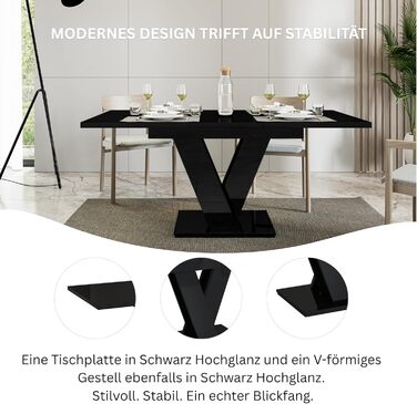 PROROOM FURNITURE Розсувний кухонний стіл Malvi – чорний глянцевий стіл 120-160 см для 4-6 осіб | Легка збірка | Для їдальні та кухні