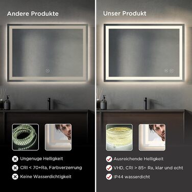 Дзеркало у ванну кімнату з підсвічуванням 50x70 см, сенсорне керування, протитуманне покриття, 3 кольори світла, регулювання яскравості, пам'ять налаштувань, матове покриття, прямокутна форма