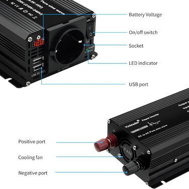 Інвертор Yinleader Pure Sine Wave 1000 Вт / 2000 Вт постійного струму від 12 В до 230 В змінного струму 1 розетка 2 USB зі світлодіодом