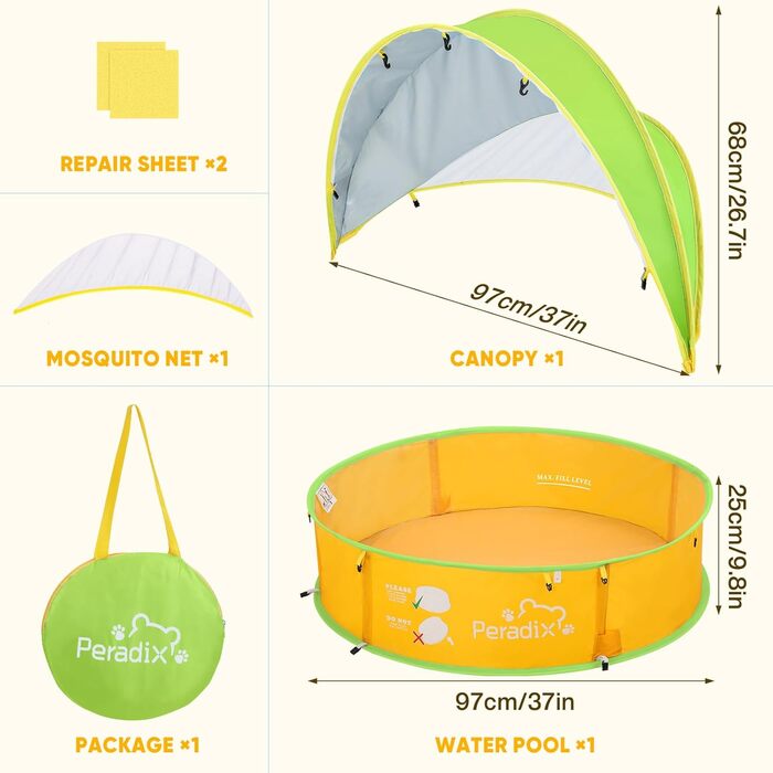 Дитячий басейн-намет Peradix 4-в-1 з UV захистом, басейн для кульок, москітна сітка, портативний, літній, жовто-зелений