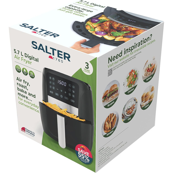 Фритюрниця Salter 4.2 л ручна, без олії, з циркуляцією гарячого повітря, антипригарне покриття, таймер, 1300 Вт, EK6364VDE