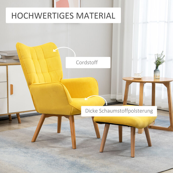 Крісло для відпочинку HOMCOM Recliner Крісло-крило з табуретом жовтого кольору, крісло з дерев'яними ніжками, вельвет Look для зручного сидіння