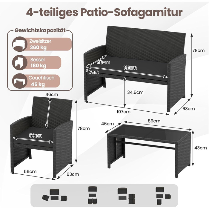 Садовий меблевий комплект COSTWAY з ротангу для балкона та тераси: диван, 2 крісла, стіл, подушки (сірий + чорний)
