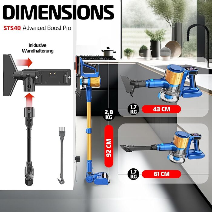 Бездротовий акумуляторний пилосос KESSER® з LED-дисплеєм, до 60 хвилин роботи, тихий, без мішка, з антинамотувальною щіткою, HEPA-фільтр, аромакарта (блакитний/золотий)