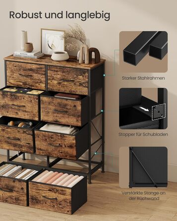 SONGMICS Комод зі 8 висувними ящиками, шафа для зберігання, сталь, МДФ, флізелін, для спальні, прихожої, вітальні, вінтажний коричневий + чорний, LGS124BH04