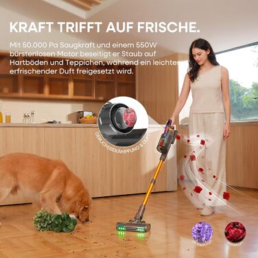 Акумуляторний пилосос KIPMAX 50000Pa, 550W, 70хв, 1.5л, з дисплеєм, анти-заплутальна щітка, 7-шаровий фільтр, 2 аромапластини, для килимів, шерсті тварин, твердих підлог, фіолетово-золотий