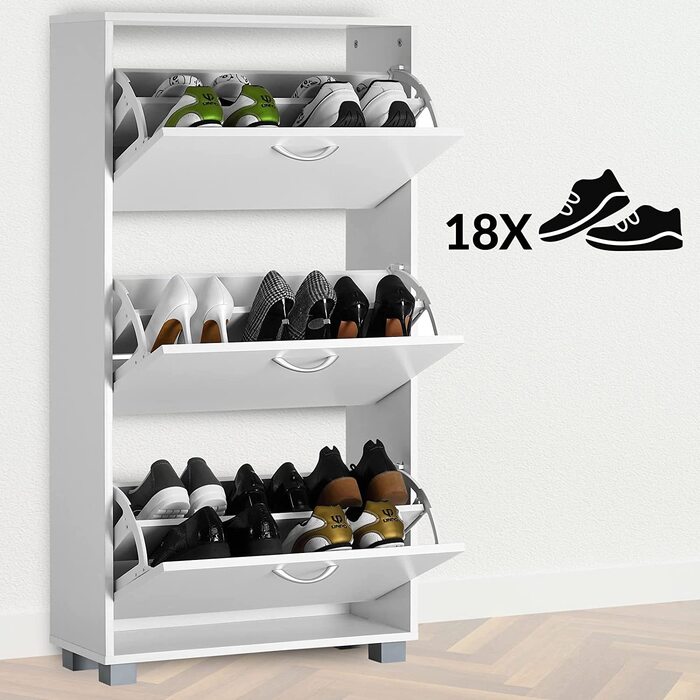 Шафа для взуття Casaria® на 18 пар, 115x60x25 см, 3 дверцята, дерево бук, білий колір, з блокуванням від перекидання