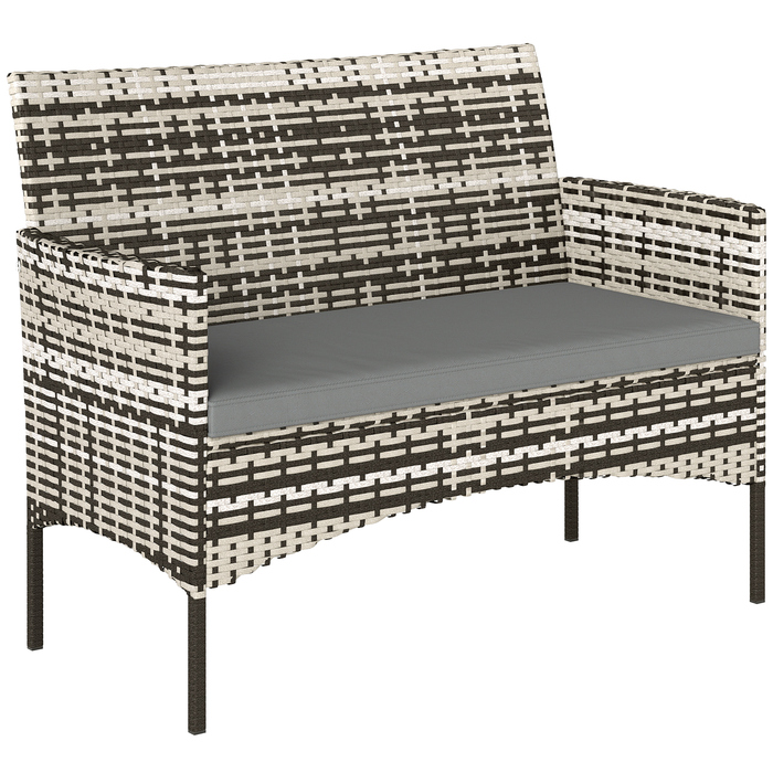Двомісний ротанговий садовий диван з PE-ротангу для вулиці та тераси з подушками, антиковзними підкладками, сталевим каркасом, світло-сірого кольору