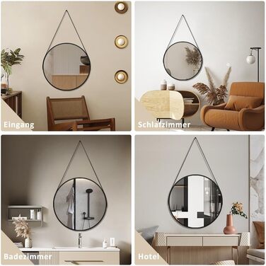 Круглий дзеркало Boromal Schwarz діаметром 40 см з реміннем, велике кругле дзеркало для ванної кімнати, спальні, вітальні, передпокою, з підвішуванням на стіну, з шкіряним реміннем