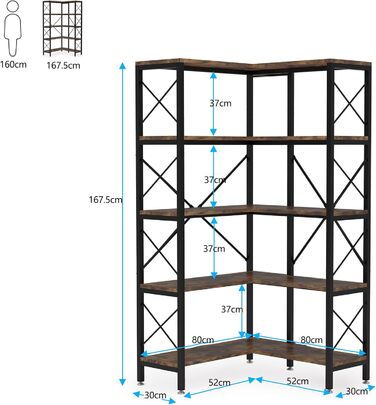 Кутова книжкова шафа Tribesigns на 5 полиць, сучасний високий стелаж для зберігання з металевим каркасом (коричневий)