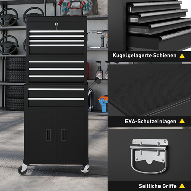Набір інструментів 3-в-1, інструментальна шафа з 4 колесами, замикається, інструментальний ящик з 9 висувними ящиками, сталь, чорний