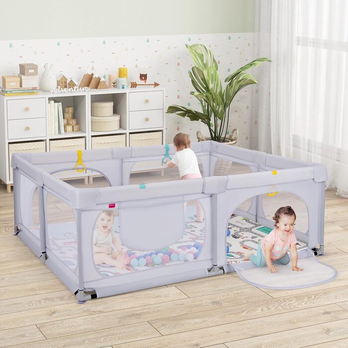 Дитячий манеж COSTWAY Laufstall з матрацом 189 x 158 см, з 50 м'ячиками та 4 ручками. Манеж-ігровий центр з дихаючим мережем для малюків (Світло-сірий)