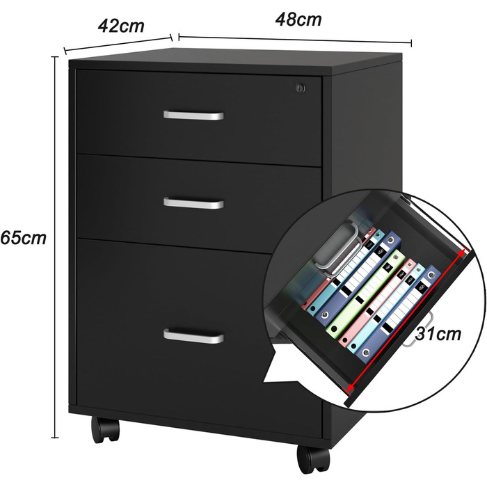 Шафа для документів SDHYL з 3 висувними ящиками на колесах, верхній ящик з замком, чорна, для дому та офісу