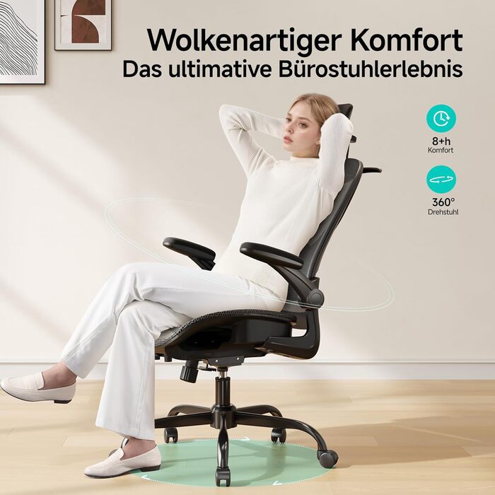 Офісне крісло LarkLeaves з ергономічною підтримкою спини, регульованими підлокітниками, сітчастою спинкою та підголівником, для офісу, навчання, бібліотеки, 140 кг, (Чорний, Lite)