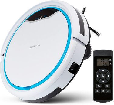 Робот-пилосос MEDION MD19900 з зарядною станцією: навігація, для твердих поверхонь (плитка, ламінат), видалення шерсті тварин, пульт ДК, до 90 хвилин роботи