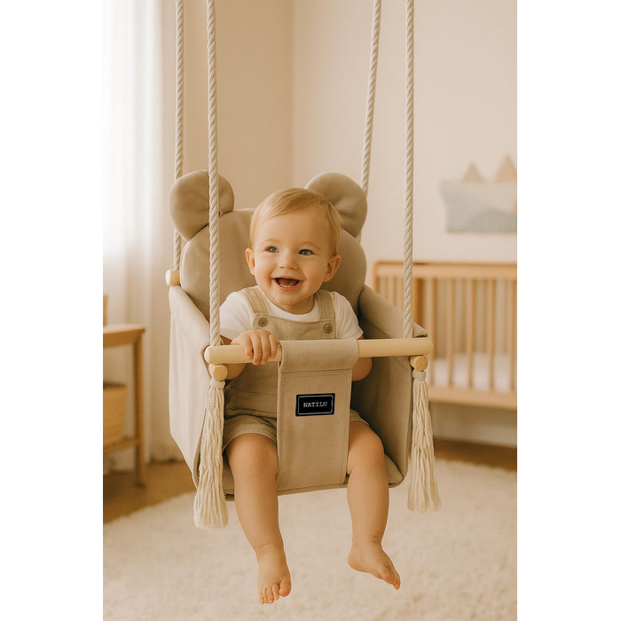 Дитяча гойдалка для дому та вулиці | Bär Light Beige Velvet | Гойдалка для малюків | Дерев'яна гойдалка для дітей | Гойдалка для дверного отвору