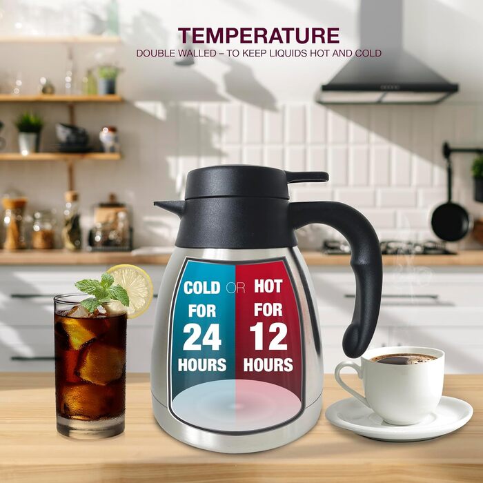 Термографин для кави Ендрю Джеймса Вакуумний глечик з подвійними стінками, ізольований чайник і кавник з нержавіючої сталі для гарячих і холодних напоїв, термоглечик, герметичний диспенсер для кави, міцний і портативний (1 л)