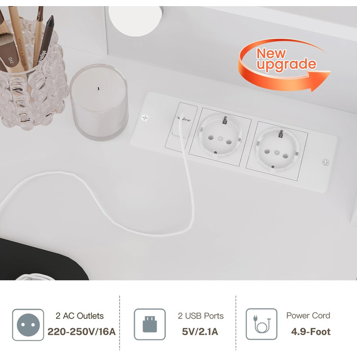 Трюмо TEENFON з дзеркалом та підсвічуванням, біле. 4 шухляди, 4 відкриті полиці, 5 гачків для прикрас.