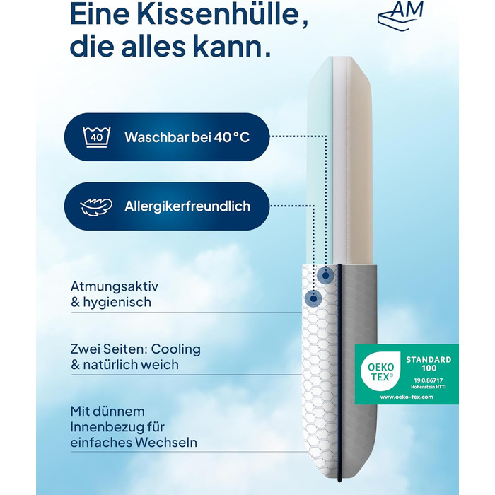 Преміум-матрац з підтримкою шиї AM, регульована висота, ефект охолодження, чохол з Tencel, Made in Germany, сертифікат Oeko-TEX, з гелевим та віскоеластичним шарами, білий