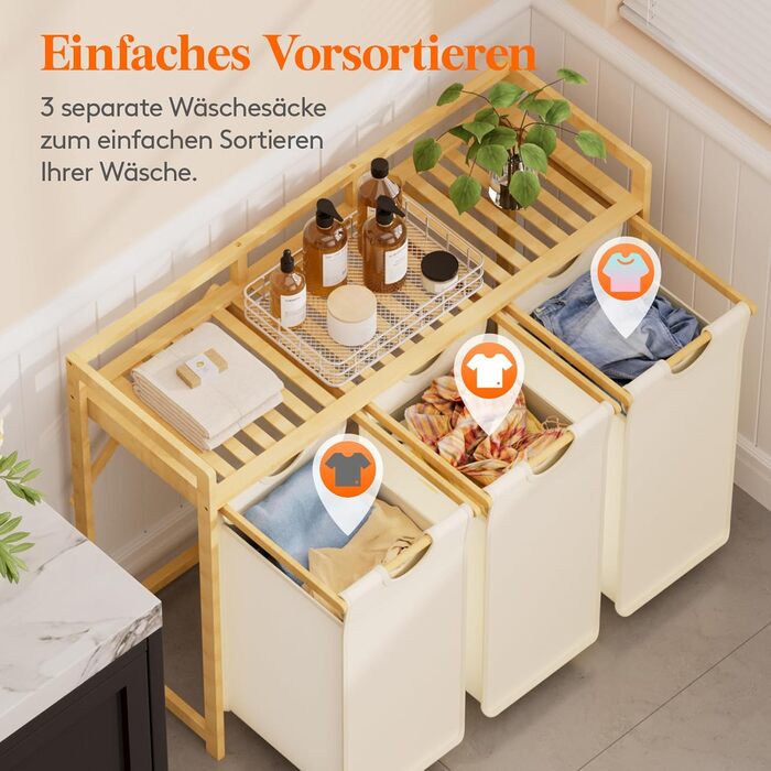 Кошик для білизни Lifewit з бамбуковим каркасом, 150 л, 3 відділення, білий. Сортер для одягу, рушників, іграшок. Розміри: 96 x 33.4 x 72 см