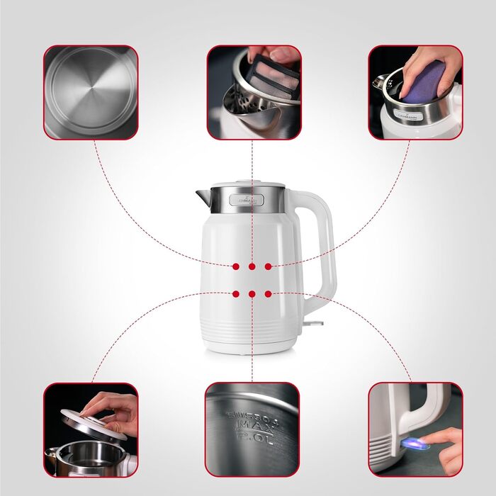 Електричний чайник Lehmann Edelstahl 2L, 2200W з подвійними стінками, автоматичним відключенням та захистом від перегріву, BPA-free, для великих сімей та офісів (Білий)