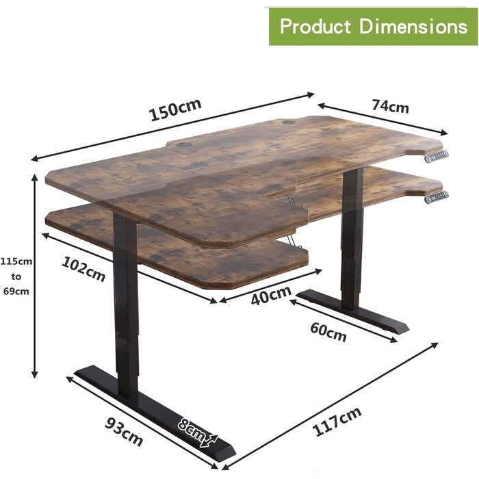 Електричний стіл Radlove з регулюванням висоти, стоячий стіл у формі 150 см L, стоячий стіл із 4 елементами керування пам'яттю зі стільницею 2-складний телескопічний стоячий стіл, з'єднувальна дошка 78 x 150 см коричневий