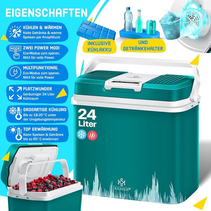 Автомобільний термобокс KESSER 24л: Електричний холодильник/грілка 12/230V для авто, човна, кемпінгу. Режими ECO та MAX. Зелений