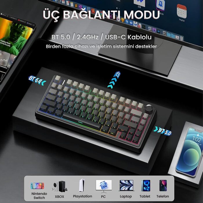 Механічна клавіатура AULA F75 PRO для геймінгу: бездротовий підключення 2.4GHz/BT5.0, Hot-Swap, QWERTY, сірий колір з градієнтом, 75%