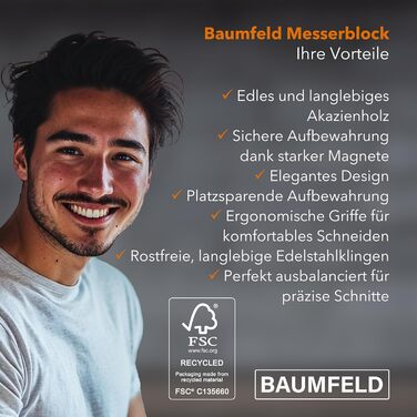 Набір ножів у блоці (6 шт) з нержавіючої сталі преміум-класу. Кухонні ножі з магнітним блоком з акації. Професійний набір кухонних ножів з нержавіючої сталі, сріблястого кольору.