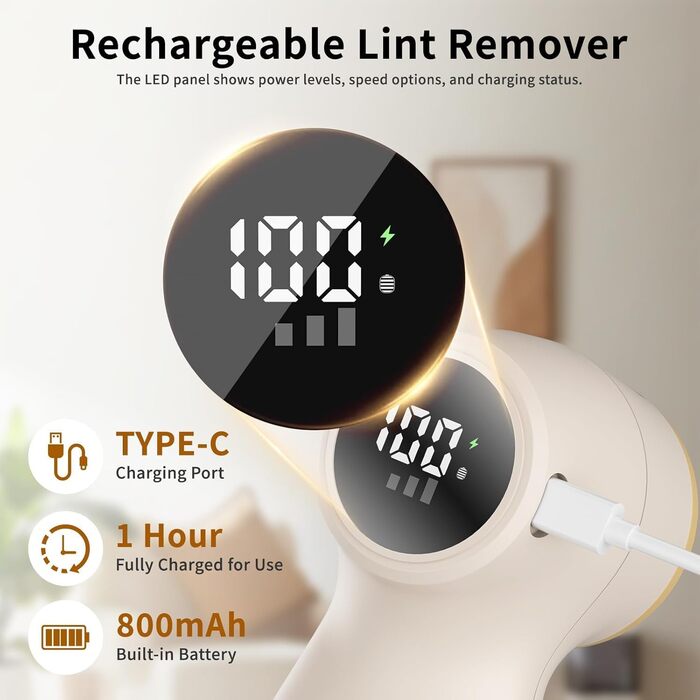 Електричний видальник для одягу та меблів, видалення ворсу, 6-лезове, перезаряджуваний, з цифровим дисплеєм, білий