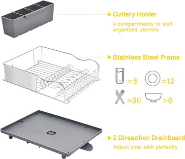 Сушарка з нержавіючої сталі KINGRACK, антикорозійна, 2-смугова дошка для крапельного зсуву, знімний 4-секційний тримач для посуду, сірий