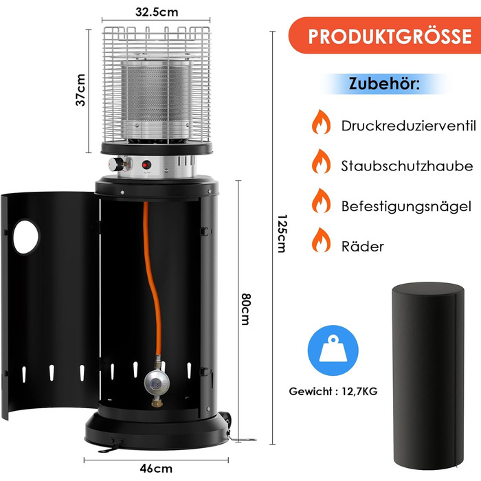 Газовий обігрівач для тераси TLSUNNY з захисною кришкою, на колесах, з піроелектричним запалом, чорний (Газовий балон не входить у комплект)