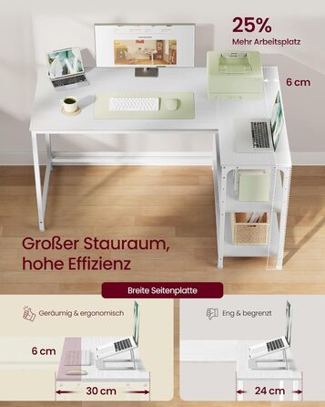 Кутовий стіл VASAGLE L-подібної форми з полицею, для офісу вдома, 120 x 80 см, Ahornweiß (без розетки)