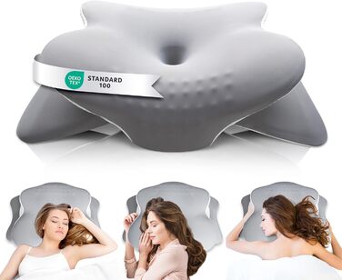 Ортопедична подушка для шиї з Memory Foam, сертифікат Oeko-Tex® | Підходить для сну на боці, спині та животі | Подушка для шиї для алергіків, сірого кольору (1 шт)
