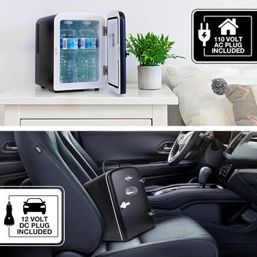 Koolatron Retro Mini Холодильник 4L, 6 доз. для Спальні, Догляду за Шкірою, Їжі, Напоїв, Косметики, Дітей, Дому, Авто та Подорожей, 12V DC, Чорний