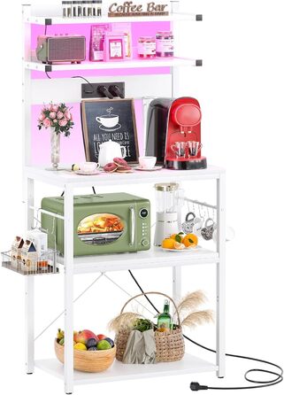 Кухонна полиця-стійка з розеткою, підставка для мікрохвильовки, 5-ярусна кавобар станція з LED-підсвічуванням, полиця для спецій, каструль та сковороди (60 см, білий)