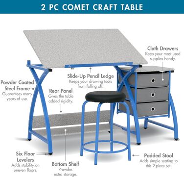 Дитячий стіл Komet від SD STUDIO DESIGNS, 2 частини, регульована верхня частина та стільчик, блакитний/сріблястий блакитний/сірий