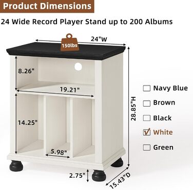 Стійка для програвача LELELINKY: полиця для 200 платівок, дерев'яний стіл для вітальні, спальні, офісу, білий
