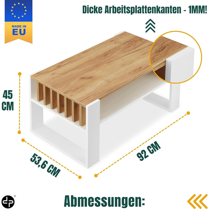 Сучасний журнальний столик з місцем для зберігання Журнальний столик шириною 92 см з ламмелами Великий стіл для вітальні Дуб Міцний і стійкий стіл для вітальні Журнальний столик Диванний стіл (білий дуб)