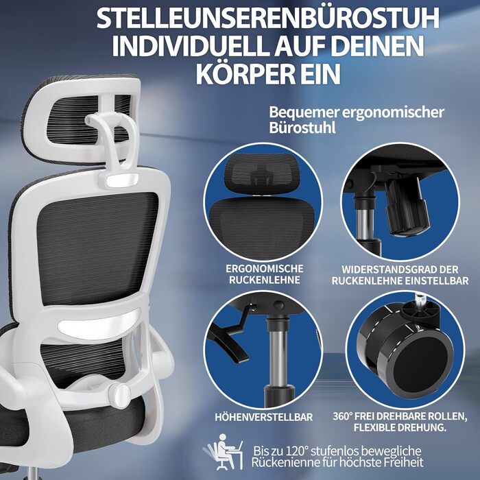 Ергономічне крісло TRALT для офісу з регульованою поперековою підтримкою та підголівником. Ігрове крісло, офісне крісло, крісло для дому, крісло для великих людей, 150 кг, біло-чорне