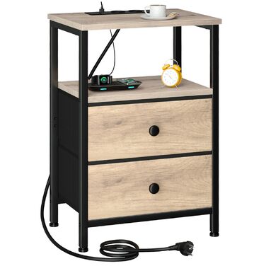 Нічний столик AMHANCIBLE з підзарядкою, приліжний столик з висувними ящиками з тканини, журнальний столик з відкритою полицею, з 2 USB-портами та 2 розетками, для спальні, вітальні, сірий HETS020GY-1