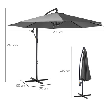 Парасолька Outsunny Parasol Crank зі сталевим каркасом і поліефірною тканиною сірий Ø2,95x2,45 м для саду, патіо, балкона