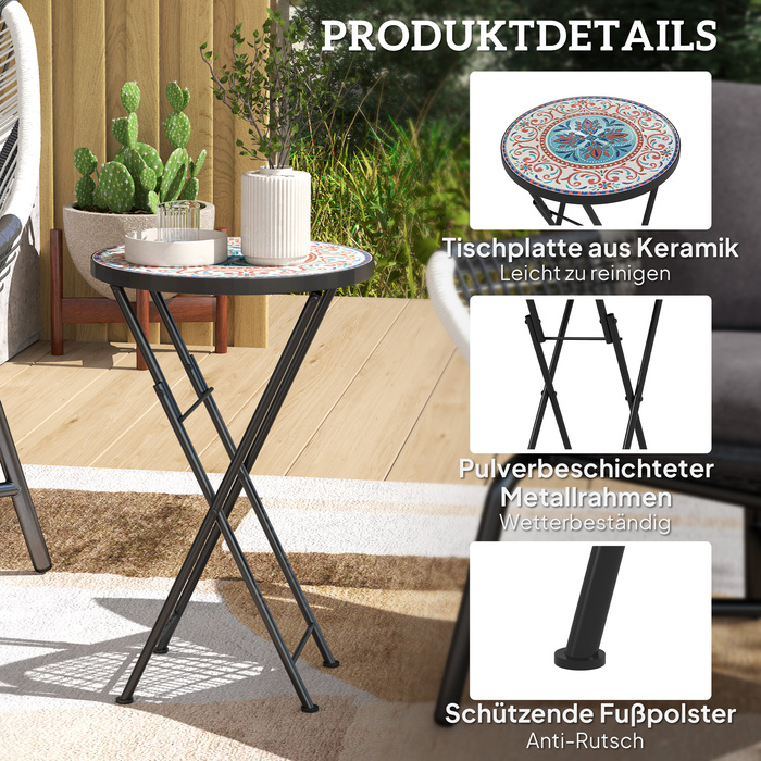 Outsunny Side Table Складаний садовий стіл з мозаїчним дизайном, Ø35.5 x 55 см Круглий атмосферостійкий металевий балконний стіл, Кемпінговий стіл Розкладний стіл Журнальний столик для вітальні, офіс, Відкритий Внутрішній, Багатокольоровий