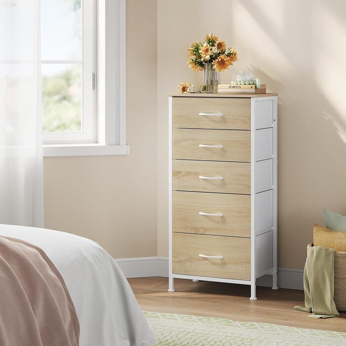 Комод WOLTU з 5 висувними ящиками з тканини, шафа-комод, тумбочка, для спальні, вітальні, передпокою, з металевим каркасом та ДСП, світлий дуб + білий, SSK004whe