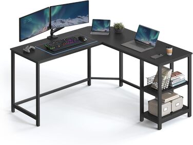 VASAGLE L-подібний кутовий стіл для комп'ютера, 138 x 138 x 76 см, з 2 полицями, для офісу та дому, ігровий, чорний з імітацією дерева, LWD072B56